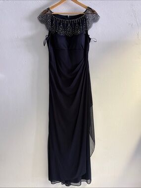 Beaded Navy Maxi Dress with Illusion Cap-Sleeve